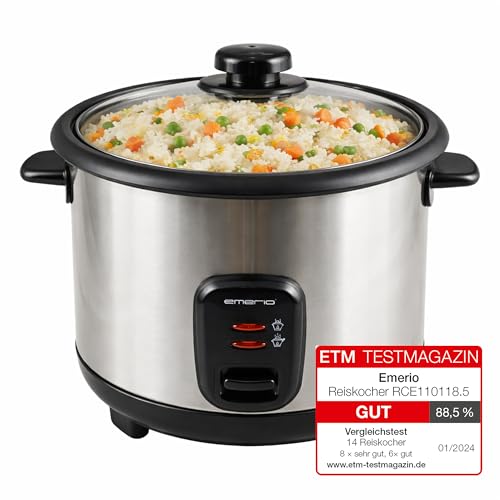 EMERIO cuiseur à riz automatique avec volume de 1,5 L, fonction de maintien au chaud arrêt automatique revêtement antiadhésif couvercle en verre avec cuillère à riz + tasse à mesurer, RCE-110118.5