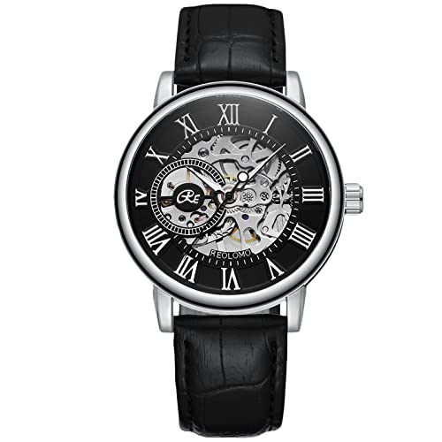 RORIOS Orologio Uomo Orologio Meccanico Automatico Luminoso Pointer con Cinturino in Pelle Scheletro Orologio da Polso