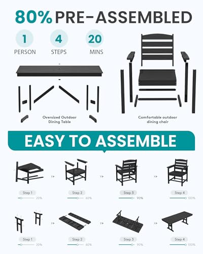 Image of SERWALL 9 Piece 84 inch HDPE Outdoor Dining Set for 8 with Armchairs and Umbrella Hole, Black
