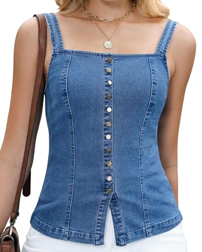 Denim Vest Tops for Women Jean Backless Square Neck Faux Button Placket Adjustable Back Tie Open Back Tank Top