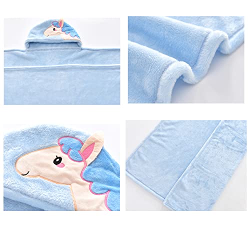 Image of TONWHAR 0-4 Years Toddlers' And Kids' Boys Girls Animal Face Hooded Blanket Baby's Bathrobe,Plush After Bath Blanket (Blue Horse)
