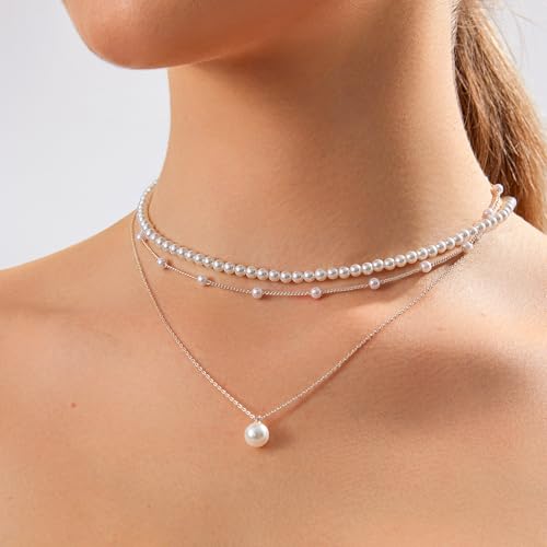 Image of Zeffy Gold Pearl Necklace for Women, Dainty 14K Gold /Silve Plated Layered Pearl Choker Pearl Earrings Pearl Bracelets Wedding Trendy Gold Jewelry Set for Women Gifts