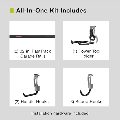 Image of Rubbermaid Garage FastTrack 8-Piece Small Kit Black /Grey All-in-One Rail & Hook Wall Hanging Kit Wall Mounted Storage Solution for Home /Garage
