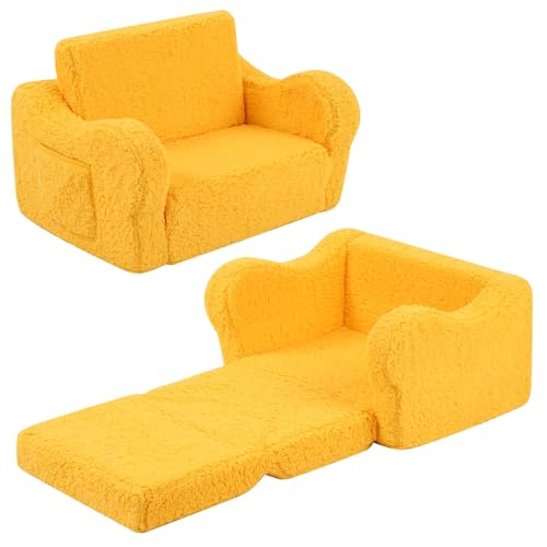 Image of MOMCAYWEX Kids Sofa, 2-in-1 Flip-Out Foam Couch with Soft Sherpa Cover, Cozy Play Lounge Chair, Yellow