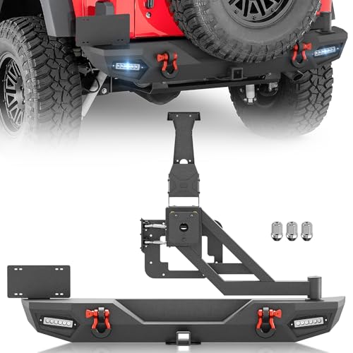 YZONA for Wrangler JK JKU Rear Bumper Compatible with 2007-2018 Jeep Wrangler JK JKU with Spare Tire Carrier LED Lights 2 Hitch Receiver License Plate Frame Third Brake Light Bracket D-Rings