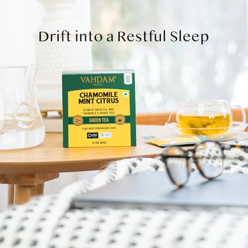Image of VAHDAM, Chamomile Mint Citrus Green Tea Bags (15 Pyramid Tea Bags) LOW CAFFEINE GREEN TEA, Non GMO | Directly Sourced | Chamomile Tea | Mint Tea Bags