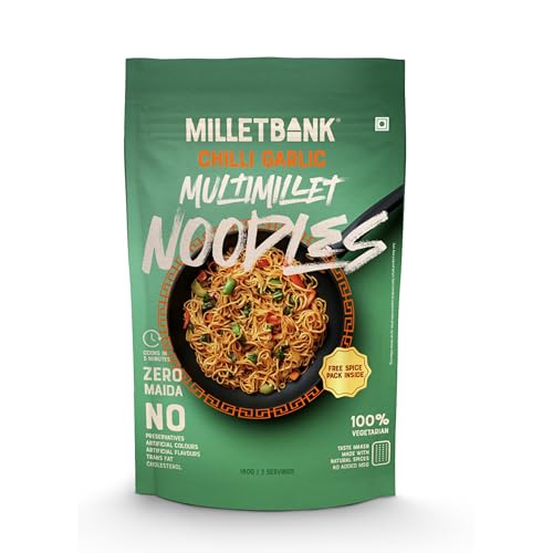 Image of Millet Bank Multi Millet Hakka Noodles Chilli Garlic|Noodles Packets No Maida, Not Fried, No MSG | No Added Preservatives | Pack of 2 - 180g Each