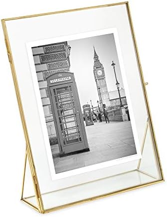 Isaac Jacobs 8x10 Antique Gold, Vintage Style Brass and Glass, Floating Photo Frame, Metal, (Vertical), with Locket Closure and Angled Base, for Pictures, Art, Mementos, Keepsakes (8x10, Antique Gold)