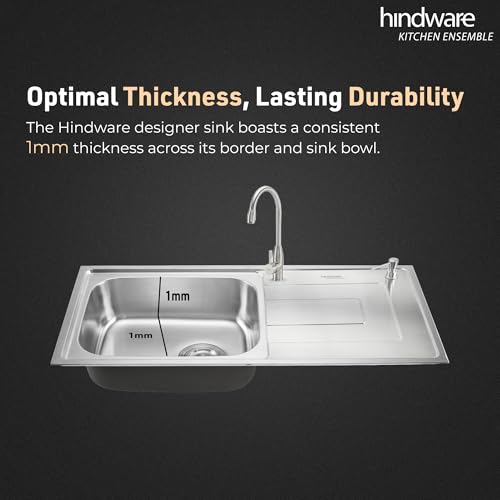 Image of Hindware Kitchen Sink 39.4 inchx19.7 inchx8.6 inch |304 Grade Stainless Steel|Handmade Single Bowl Sink with Accessories includes- Soap Dispanser, Pullout Faucet, Bottle Trap Connector & Chopping Board (Rodrigo)