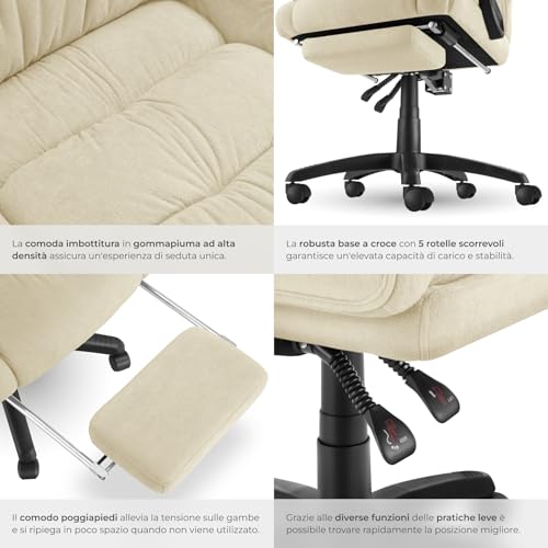 ® Sedia Ufficio Ergonomica, Poltrona relax con Poggiapiedi Estraibile, Sedia Gaming per Scrivania Gaming, Imbottitura in Velluto, Altezza Regolabile, Rotazione a 360°, 5 Ruote Doppie - Beige - Sedia gaming - Immagine 5