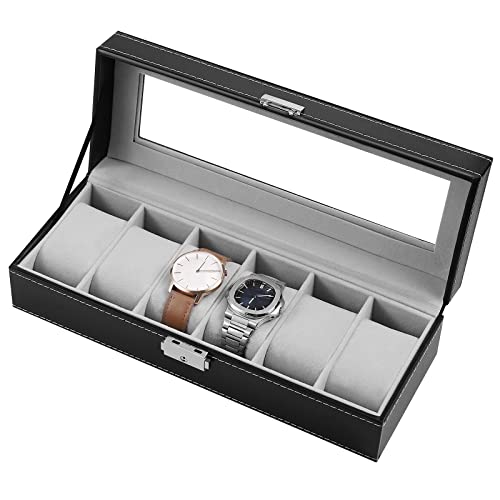 Boîte de rangement pour montres homme en cuir PU noir avec couvercle en verre ou support de bracelet pour femme 6 compartiments Cover