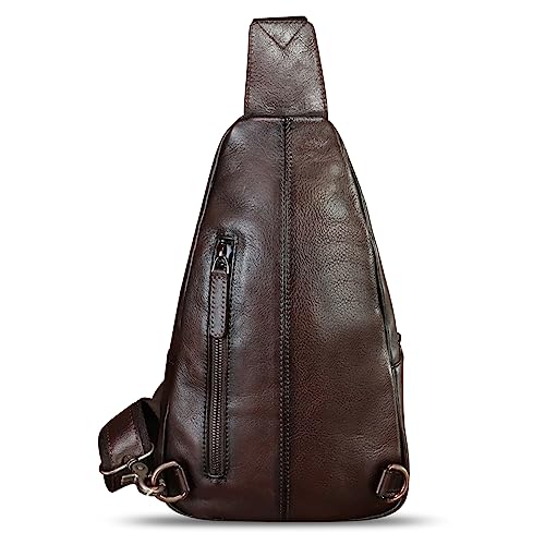 Image of Genuine Leather Sling Bag Embossed Crocodile Pattern Leather Crossbody Sling Backpack Handmade Chest Purse Daypack (Coffee)