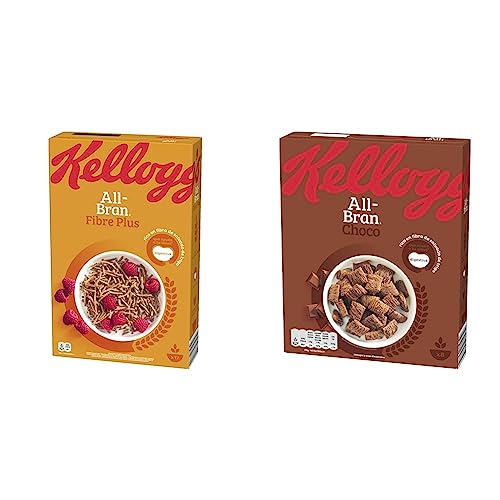 Kellogg's All-Bran Fibre Plus Cereales, 500g & All-Bran Choco Almohadillas de Cereales, de Trigo Integral, 375g