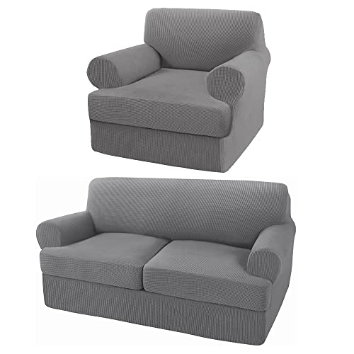 Turquoize 3 Pieces Sofa Covers for 2 Individual T Cushion Couch Sofa Slipcover Bundle 2 Pieces Chair Slipcover, Dove
