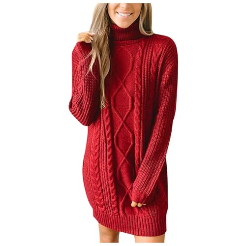 Duohropke Strickkleid Damen Elegant Einfarbig Pulloverkleid Langarm Rollkragen Pullover Strick Pulli Winter Strickpullover Minikleid Zopfstrick...