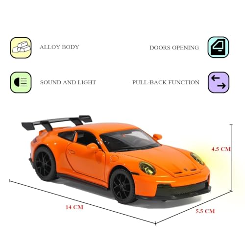 Image of 1:32 Porsche 911 GT3 Sport Car Model - Diecast Alloy Toy Vehicle with Pull Back Action, Sound, Light & Openable Doors, Hood & Trunk for Kids and Collectors (Orange)
