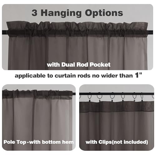 Image of Chyhomenyc Chocolate Brown Sheer Valances for Windows - Light Filtering Small Kitchen Curtains, Rod Pocket Short Top Window Treatment Decor for Living Room Bathroom Basement, 42Wx16L inches, 2 Panels