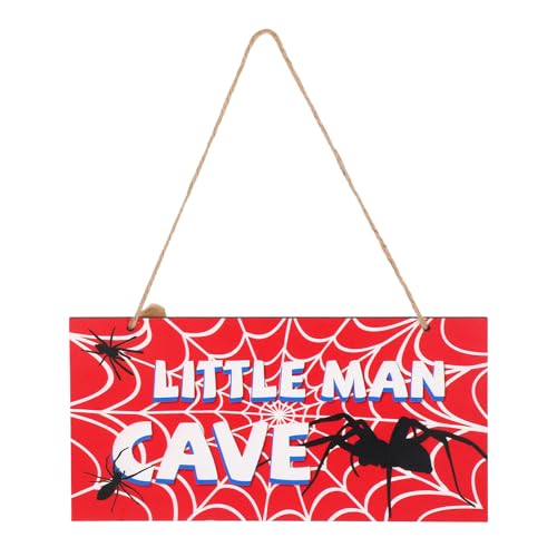 Spider Door Sign 12x6in Red Wooden Spider Web Nursery Room Decor Little Man Cave Signs with Rope Wall Art Room Decoration for Boys Men