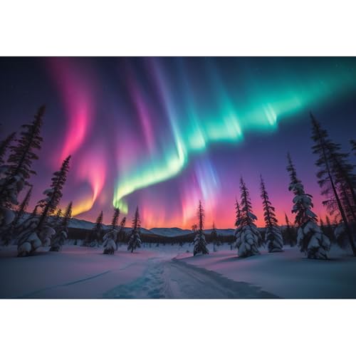 Caheansi 5x4 ft Aurora Borealis Backdrop Snowy Mountain Pine Trees