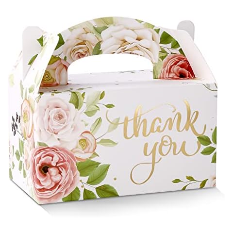 SOSFKIM Thank You Treat Boxes 12 Pack - Floral Party Favor Boxes Bulk Embossed Gold Foil - Goodie Gable Boxes for Baby Shower, Wedding, Birthday 6.3x3.5x3.5 Inch Cover