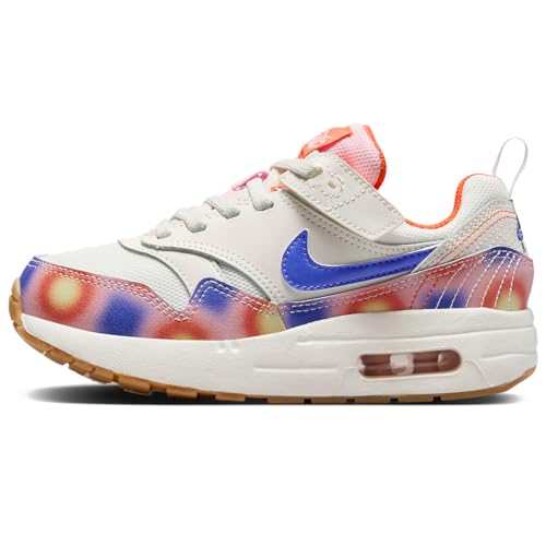 NIKE Air Max 1 SE EasyOn Little Kids' Shoes (FN7286-100, Sail/Blue Joy/Safety Orange/Football Grey) Size 8