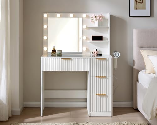 Image of AMERLIFE 36.2 inch Fluted Vanity Desk with Mirror and Adjustable LED Lights, Large 4 Drawers Makeup Table with Glass Top and Charging Station for Women and Girls, Bedroom or Dorm, White