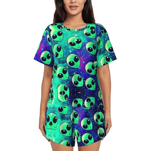 IPPONGET Conjunto de pijama de manga corta con cuello redondo y estampado de alienígenas verdes para mujer, conjunto de 2 piezas para las cuatro estaciones, Negro, M