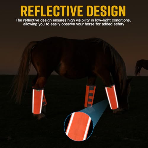 Mesh Fly Boots for Horses Tough Breathable, 4 Pack, (Orange, Medium) | with 2 Built-in Metal Supports,Breathable Fly Leggings for Horses with Fleece Trimming and Reflective Webbing - Image 4