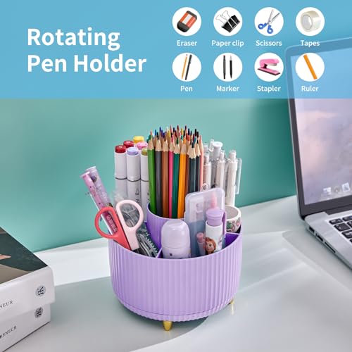 Image of Marbrasse Desk Organizer, 360-Degree Rotating Pen Holder, Desk Organizers and Accessories with 5 Compartments Pencil Holder, Art Supply Storage Box Caddy for Office, Home（Purple）