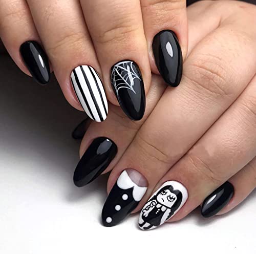 24 Pcs Halloween Press on Nails Short, Almond Shaped Glue on Nails for Women, Short Black White Halloween Fake Nails with Spider Web and Little Girl Designs
