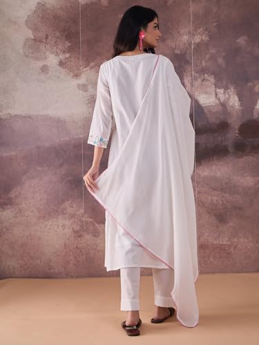 Image of INDO ERA Women's Pure Cotton Embroidered A-Line Kurta & Pant with Dupatta Set | Cotton kurta sets for women