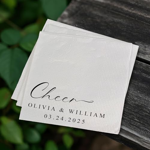 Image of Personalized Cocktail Napkins Wedding, Cheer Mr Mrs Name Couple, Pack 50 100 150 300 500 Anniversary Party, Disposable Decoration Initials Beverage Bar Reception Cocktail Luncheon Dinner, Golden 2