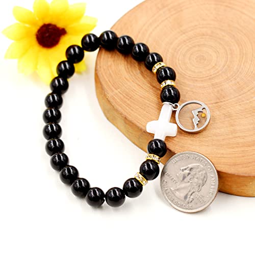 Image of Uloveido Black Agate Side Cross Bracelet Mustard Seed Charms, Personalized Letter A-Z Tiger's Eye Bangle Y944