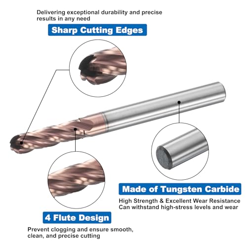 Image of HARFINGTON Ball Nose End Mill 4 Flute 11 /64 inch Diameter 3 /16 inch Shank Tungsten Carbide TiAlN Coated Spiral CNC Router Bits 5 /8 inch Cutting Length Single End Ball for Carving Engraving Grinding