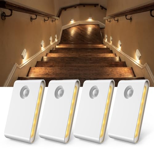 EZVALO 4 Pack Motion Sensor Night Lights Indoor Rechargeable 1500mAh LED Stair Lights with Magnetic & Dimmable Auto On/Off 3000K Soft White Adhesive No Drill for Stairs Hallway Bathroom Closet