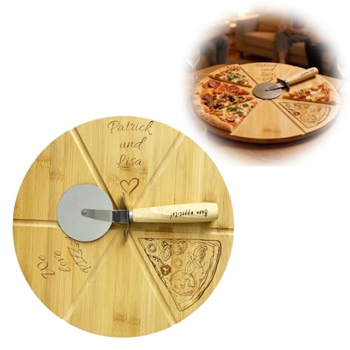 SUNUCO Piatto da pizza in legno personalizzato, 33 x 33 x 1,5 cm, con tagliapizza, robusto tagliere in legno. Regalo personalizzato per matrimoni, anniversari, compleanni, fidanzamenti o serate per