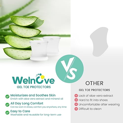 Image of Welnove Upgraded Gel Toe Separators - 16-Pack Aloe Vera Extract Infused Silicone Toe Spacers for Straightening Overlapping Toes, Bunions, Calluses - Bunion Corrector for Men and Women (3 Sizes)