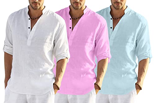 Image of Men's Cotton Blend Combo Short Kurta with Mandarin Collar Neck Full Sleeves Solid Pattern Curved Hemline Regular Fit and Standard Length (Pack of 3)