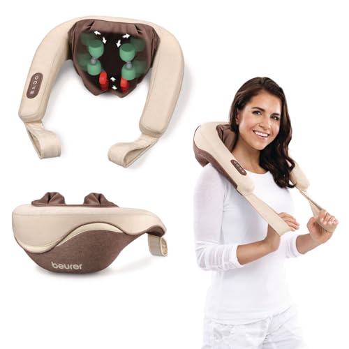 Beurer MG153 - Masajeador 4D para la Nuca y zona lumbar, 2 niveles intensidad, 1 modo de masaje, función luz y calor, funda extraíble y lavable, marrón crema