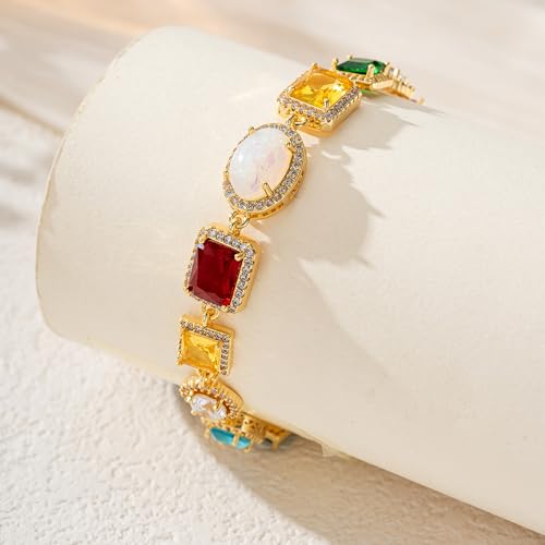 Tennis Bracelet for Men, Dainty 18K Gold Plated Diamond Tennis Bracelet Cubic Zirconia Chain with Emerald, Ruby, and Aquamarine Gemstones for Men Bride Birthday Wedding Valentine's Day Gifts2