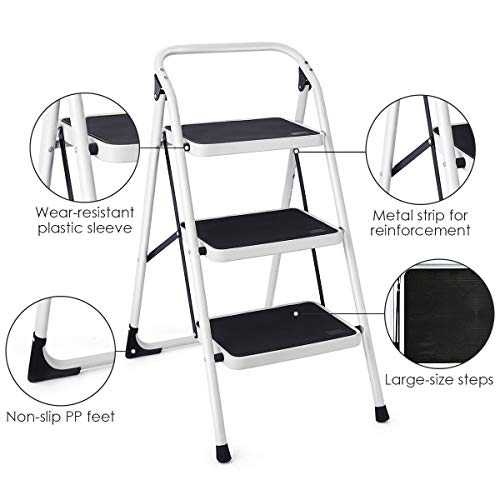 Goplus 3 Step Ladder, Folding Heavy Duty Step Stool Lightweight Steel Ladder with Handgrip and Wide Anti-Slip Platform for Kitchen Shop, 340lbs Capacity (Black)
