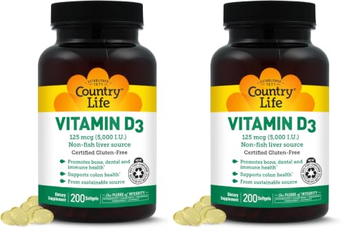 Country Life Vitamin D3 5000 IU for Immune and Bone Health, Calcium Absorption, and Colon Health - Sustainable Source from Lanolin, Available in Various Strengths (Pack of 2) 200 Count (Pack of 2)
