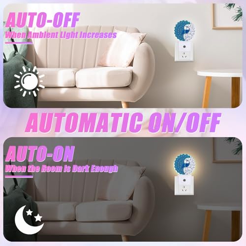Image of Blue Peacock Night Light Vintage Feathers Night Lights LED Lamp Round Plug into Wall Nightlight with Dusk to Dawn Sensor Home Hallway Stairway Kitchen Decor