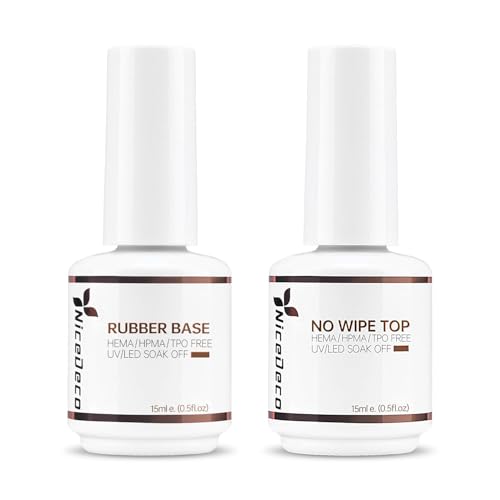 Nicedeco Esmalte de uñas en gel Base de goma y capa superior, 2x15ML Sin toallita Juego de capa superior y capa base Esmalte de uñas de gel transparente U V/LED Larga duración