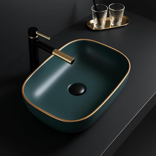 Image of OSOSAM Premium Designer Table Top Ceramic Wash Basin /Vessel Sink with Slim Rim for Bathroom (18 x 13 x 5.5 Inch) (Matte Green)