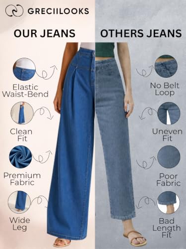 Image of GRECIILOOKS Women's High Waist Wide Leg Denim Jeans for Women Stylish | Korean Style Loose Fit Baggy Jeans | Casual Trendy Flared Denim Pants | Fashionable Relaxed Fit Bell Bottom Jeans with Pockets