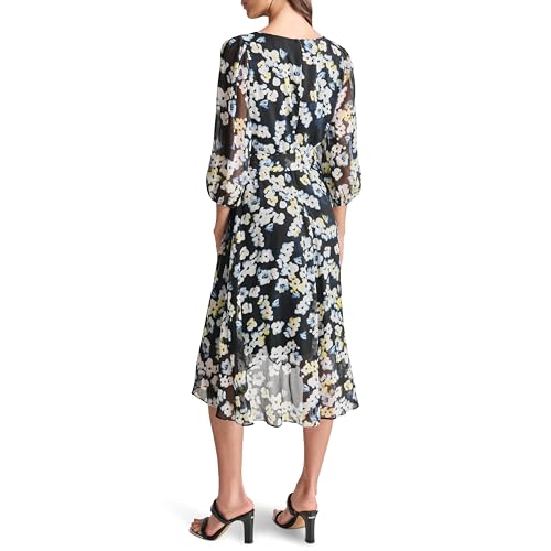 Image of DKNY Women's Chiffon Balloon Sleeve Faux Wrap Midi Dress with High-Low Hem
