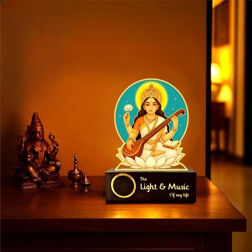 Image of ZOCI VOCI Goddess Saraswati LED Lamp with Wooden Base - Saraswati MATA Night Light for Pooja Room, God Lamps for Home Temple Decor, Study & Wisdom Lamp (Warm Light + BT Speaker)