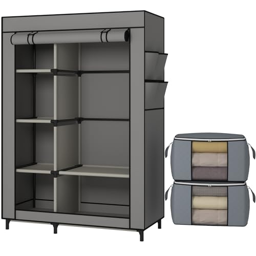 Calmootey Portable Closet, Wardrobe with 6 Shelves and Hanging Rod, Storage Organizer for Bedroom, Non-Woven Fabric Cover with 4 Side Pockets, Includes 2 Storage Bags for Clothes, Grey