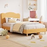 GarveeHome Upholstered Twin Size Bed Frame for Kids with Scallop Headboard, Cute Velvet Twin Bed for Girls, Boys, Sturdy Platform Bed, No Box Spring Needed, Wooden Slats, Noise Free, Yellow